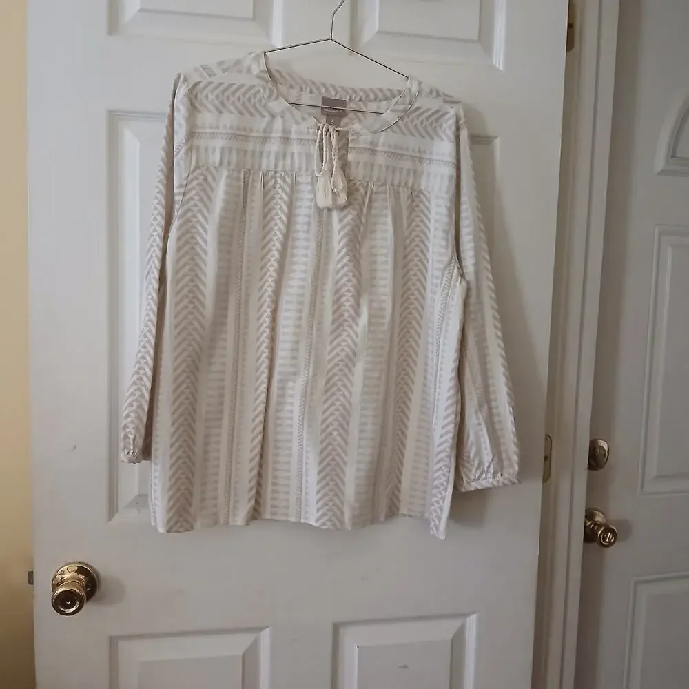 Chico’s Women Plus Size 3 Beige Tassel Tunic Peasant Blouse Long Sleeve Boho Top - Picture 2 of 16